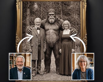 Custom Bigfoot Couple Portrait, Personalized Vintage Sasquatch Wall Art, 19th Century Cryptid Decor, Funny Anniversary Gift