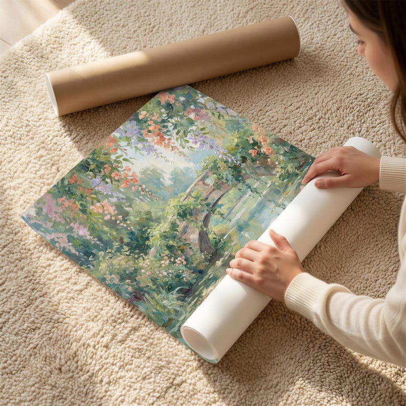 May include: A rolled-up art print featuring a colorful garden scene with a bridge, flowers, and lush greenery. A person is rolling the print, with a second, empty tube nearby. The print is on a beige rug.