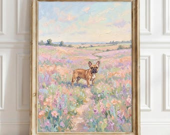 French Bulldog Wall Art Poster, Pastel Wildflower Wall Art, Impressionist Landscape Print, Floral Meadow Dog Painting, Cottagecore Decor