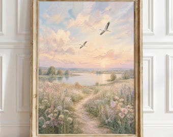 Pastel Floral Landscape Wall Art Print, Cottagecore Nature Poster Decor, White Stork Meadow Gift, Vintage Wildflower Lake Home Art