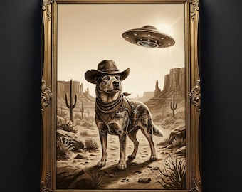Vintage Heeler UFO Wall Art, Western Cowboy Dog Poster, Australian Cattle Dog Decor, Retro Alien Dog Print, Funny Western Wall Art