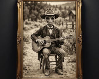 Vintage Western Alien Wall Art, Cowboy Guitar Portrait Print, Sepia Country Music Decor, Rustic Man Cave Poster, Unique Sci Fi Gift