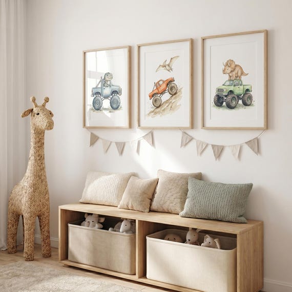 Dinosaur Monster Truck Wall Art Set of 3, Watercolor T-Rex Triceratops Pterodactyl Nursery Prints, Kids Room Decor Poster Set