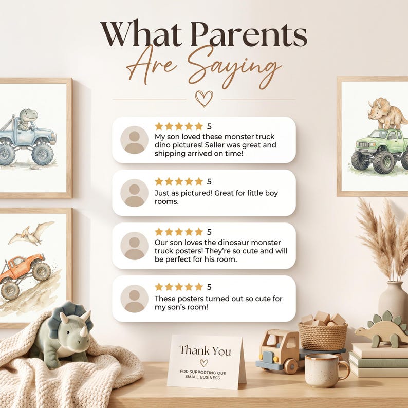 Conjunto de 3 láminas decorativas de dinosaurios y monster trucks para pared, láminas infantiles de acuarela con T-Rex, Triceratops y Pterodáctilos, conjunto de pósteres para la decoración de la habitación infantil. imagen 13