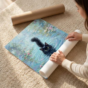 Stampa artistica da parete con gatto nero e ninfea di Monet, poster di gatto di Monet, regalo divertente per gatti, stampa di gatto con ninfea, decorazione floreale per gatti, poster per la decorazione della casa immagine 7
