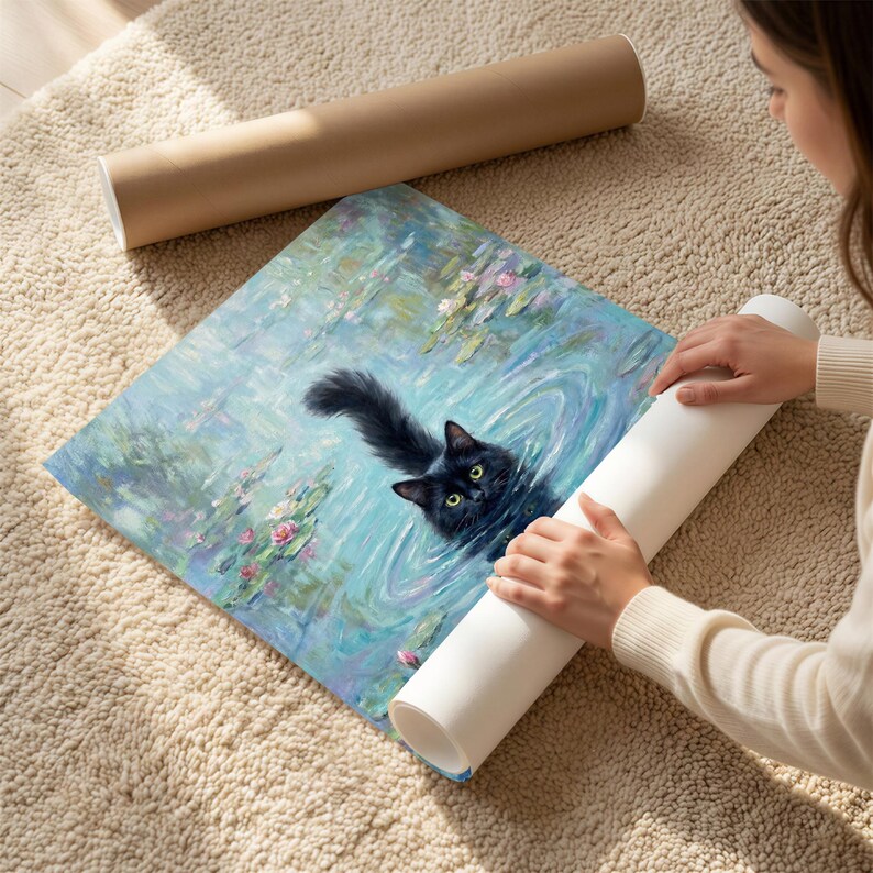 Stampa artistica da parete con gatto nero e ninfea di Monet, poster di gatto di Monet, regalo divertente per gatti, stampa di gatto con ninfea, decorazione floreale per gatti, poster per la decorazione della casa immagine 7