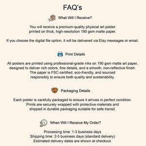 May include: An informational FAQ graphic with a light cream background and black text. It features sections titled FAQ's, What Will I Receive?, Print Details, Packaging Details, and When Will I Receive My Order?, accompanied by small icons.