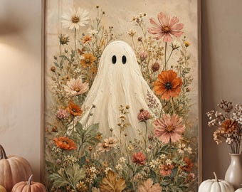 Wildflower Ghost Wall Art, Botanical Halloween Decor Canvas, Cute Spooky Fall Gift for Ghost Lover, Floral Ghost Poster, Spooky Season Print