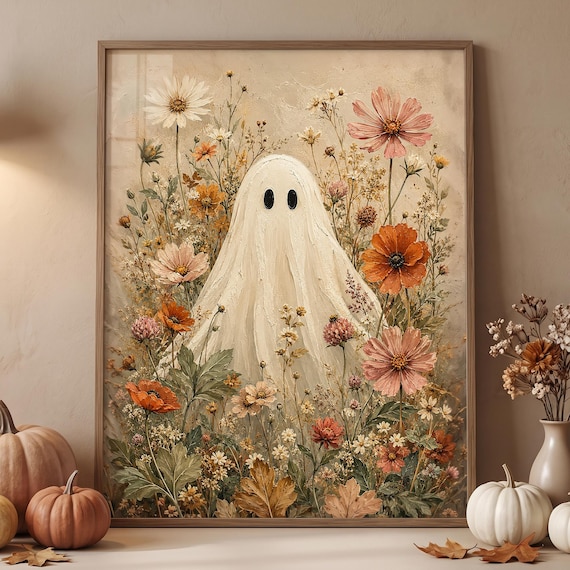 Wildflower Ghost Wall Art, Botanical Halloween Decor Canvas, Cute Spooky Fall Gift for Ghost Lover, Floral Ghost Poster, Spooky Season Print