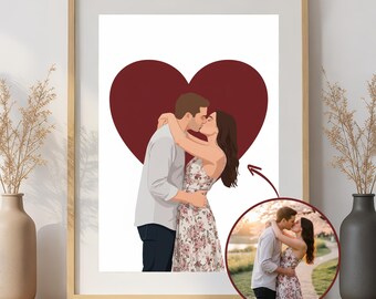 Custom Couple Illustration Portrait with Romantic Heart Background Personalized Couple Gift (digital product)