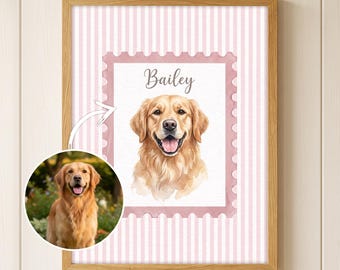 Custom Striped Watercolor Dog Portrait, Personalized Pet Portrait Artwork, Dog Memorial Gift, Pet Wall Decor, Personalized Digital Download