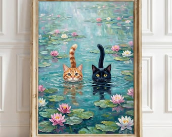 Monet Waterlily Cat Wall Art Print, Monet Cat Poster, Black and Orange Cats Swimming Print, Funny Cat Home Decor, Floral Print, Funny gift