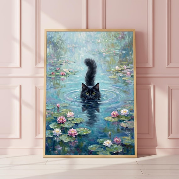 Monet Waterlily Black Cat Wall Art Print, Monet Cat Poster, Funny Cat Gift, Waterlily Cat Print, Floral Cat Decor, Home Decor Poster