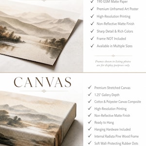May include: A comparison graphic showing a landscape art print as a 190 GSM matte paper poster and a stretched canvas with a 1.25 inch gallery depth. Both feature a mountain and lake scene with text lists detailing material specifications and features.