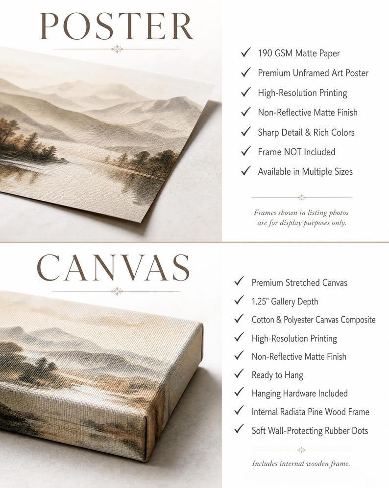 May include: A comparison graphic showing a landscape art print as a 190 GSM matte paper poster and a stretched canvas with a 1.25 inch gallery depth. Both feature a mountain and lake scene with text lists detailing material specifications and features.