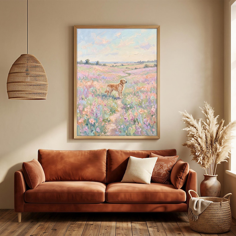 Golden Retriever Wall Art Poster, Pastel Wildflower Wall Art, Impressionist Landscape Print, Floral Meadow Dog Painting, Cottagecore Decor image 5