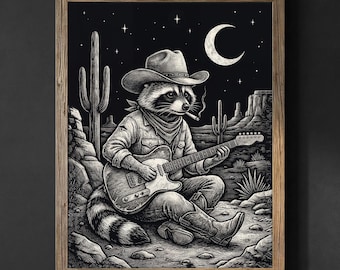 Cowboy Raccoon Wall Art | Raccoon Guitar Poster | Western Raccoon Poster | Funny Western Animal Decor | Vintage Cowboy Raccoon Print Gift