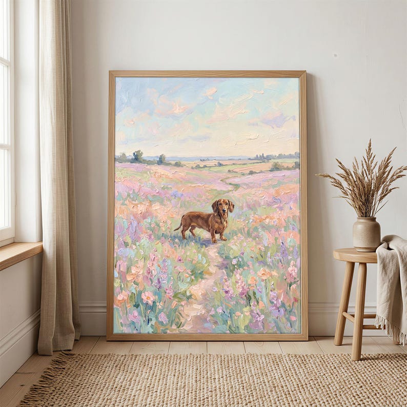 May include: A framed oil painting depicts a brown dachshund standing in a field of colorful wildflowers. The artwork features a path leading through the flowers, under a sky with soft clouds. The painting is in a light wooden frame.