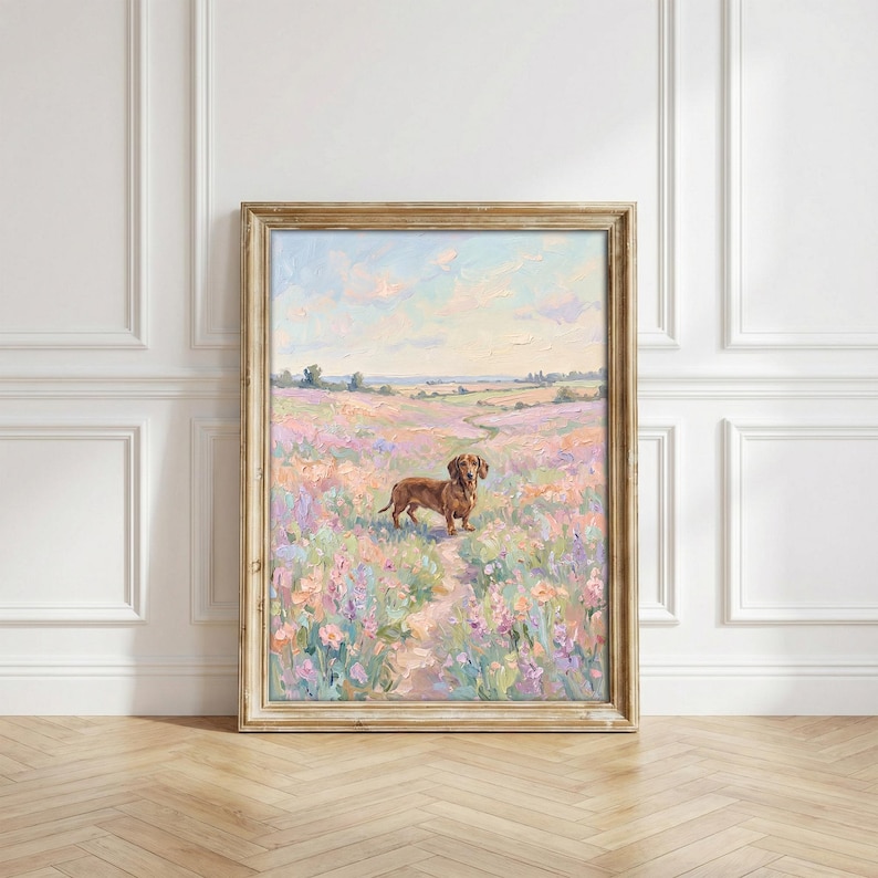 Dachshund Wall Art Poster, Pastel Wildflower Wall Art, Impressionist Landscape Print, Wiener Dog Floral Meadow Painting, Cottagecore Decor image 1
