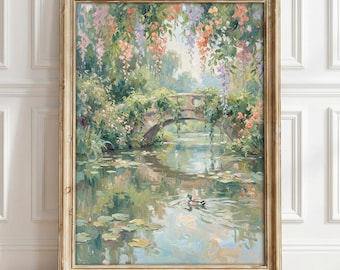 Monet Style Pastel Oil Painting Print, Vintage Water Lily Poster, Impressionist Floral Wall Art, French Country Wall Art, Cottagecore Decor