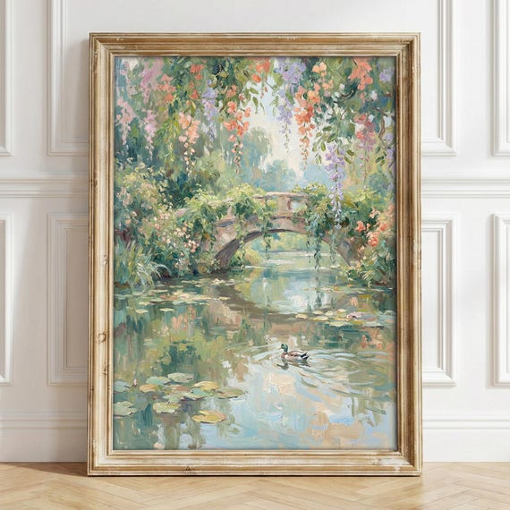 Monet Style Pastel Oil Painting Print, Vintage Water Lily Poster, Impressionist Floral Wall Art, French Country Wall Art, Cottagecore Decor