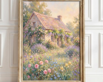 Monet Style French Cottage Oil Painting Print, French Country Decor Wall Art, Impressionist English Cottage Poster, Pastel Countryside Art