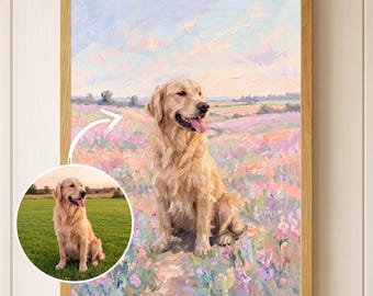 Custom Dog Painting, Personalized Pastel Wildflower Wall Art, Impressionist Floral Landscape, Floral Meadow Dog Poster, Cottagecore Decor