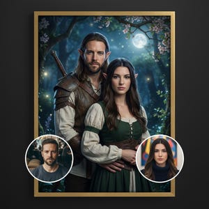 May include: A framed fantasy portrait of a couple with pointed ears, set in a moonlit forest. The man wears leather armor and carries a sword, while the woman is in a green dress. Two smaller portraits are in the bottom corners.