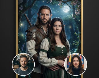 May include: A framed fantasy portrait of a couple with pointed ears, set in a moonlit forest. The man wears leather armor and carries a sword, while the woman is in a green dress. Two smaller portraits are in the bottom corners.