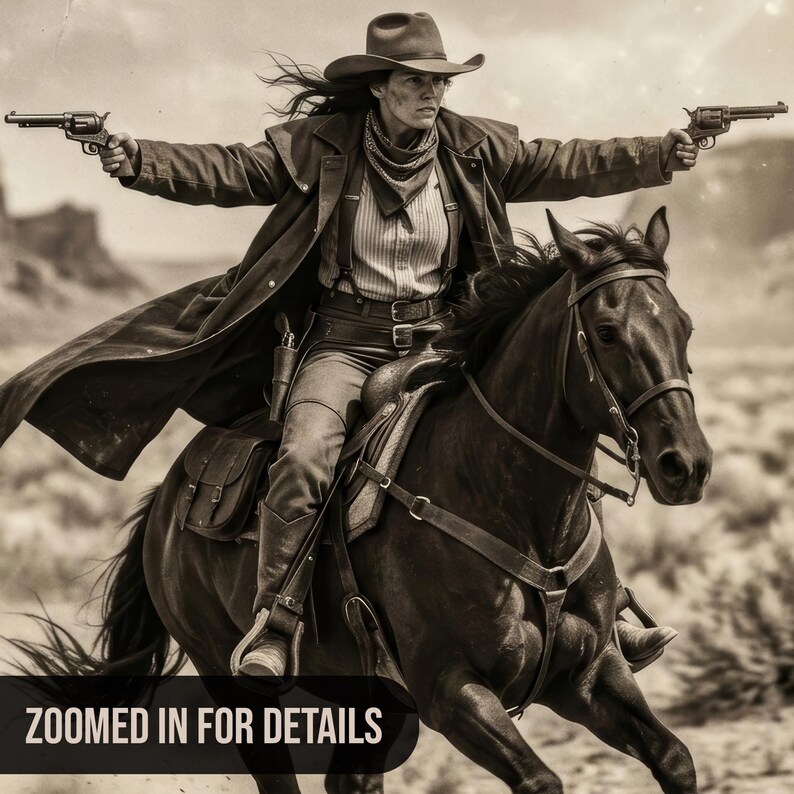 May include: A sepia-toned image of a person riding a horse and holding two revolvers. The person wears a cowboy hat, duster coat, and a bandana. The horse is dark brown, and the background shows a desert landscape. Text at the bottom reads "ZOOMED IN FOR DETAILS."