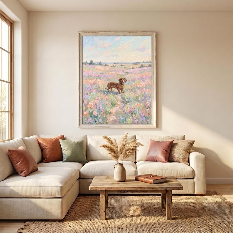 May include: A framed wall art print featuring an oil painting of a brown dachshund standing in a vast field of pastel-colored wildflowers under a soft sky. The artwork is displayed in a light-colored wooden frame and hangs on a neutral wall.