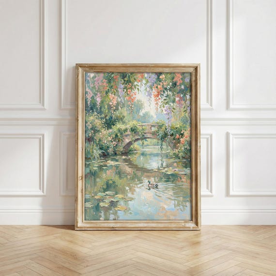Monet Style Pastel Oil Painting Print, Vintage Water Lily Poster, Impressionist Floral Wall Art, French Country Wall Art, Cottagecore Decor