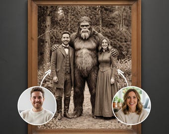 Custom Bigfoot Couple Vintage Portrait Funny Personalized Cryptid Sasquatch Print Mystery Wall Art 19th Century Poster Valentine's Day Gift
