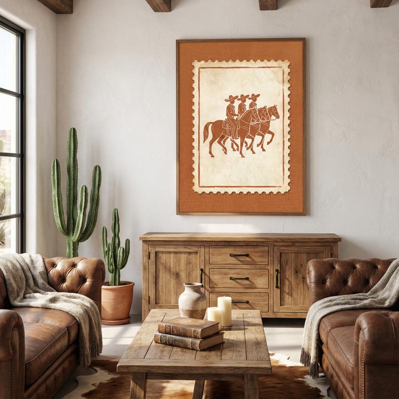 May include: A framed wall art print featuring a postage stamp design with a terracotta-colored illustration of three figures riding horses. The artwork is set against a solid terracotta background within a simple wooden frame.
