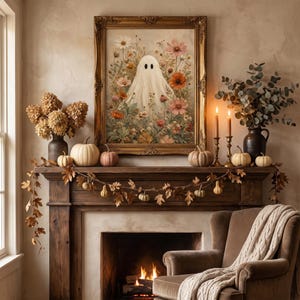 May include: A framed wall art print featuring a white ghost surrounded by colorful wildflowers, displayed on a wooden mantelpiece with pumpkins, dried hydrangea, eucalyptus, candles, and a decorative autumn leaf garland above a fireplace.