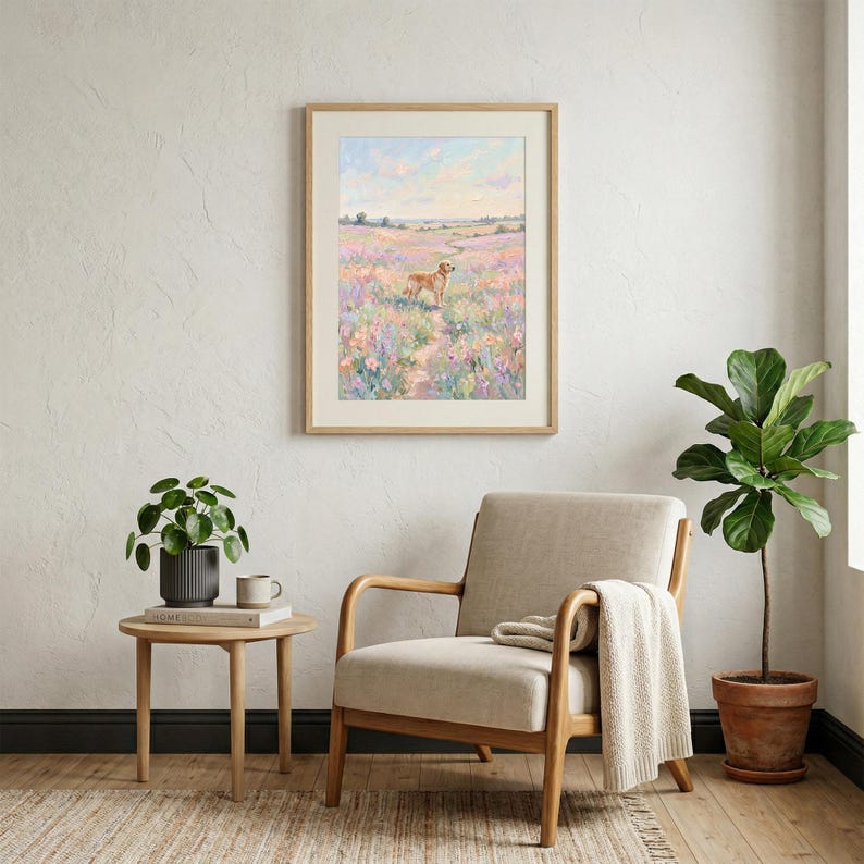 May include: A framed landscape painting depicting a golden retriever in a field of wildflowers. The artwork is in a light wooden frame. The room includes a neutral-toned chair, a small table, and a potted plant, creating a serene atmosphere.