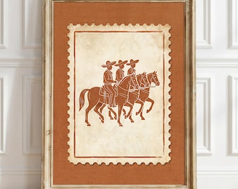Vintage Mexican Cowboys Stamp Wall Art, Western Horse Rider Print, Rustic Ranch Decor, Minimal Southwestern Poster, Cowboy Lover Gift