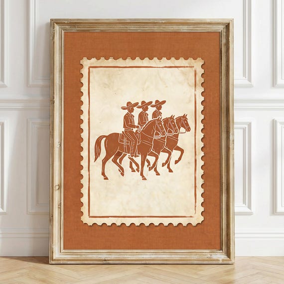 Vintage Mexican Cowboys Stamp Wall Art, Western Horse Rider Print, Rustic Ranch Decor, Minimal Southwestern Poster, Cowboy Lover Gift
