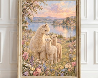 Pastel Alpaca Family Wall Art Print, Cottagecore Wildflower Landscape Poster Decor, Baby Alpaca Gift, Pastel Floral Nursery Home Wall Art