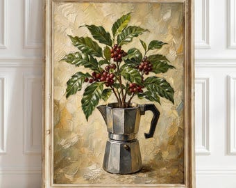Vintage Botanical Coffee Wall Art, Rustic Moka Pot Print, Oil Painting Style Cafe Decor, Kitchen Coffee Poster, Unique Coffee Lover Gift