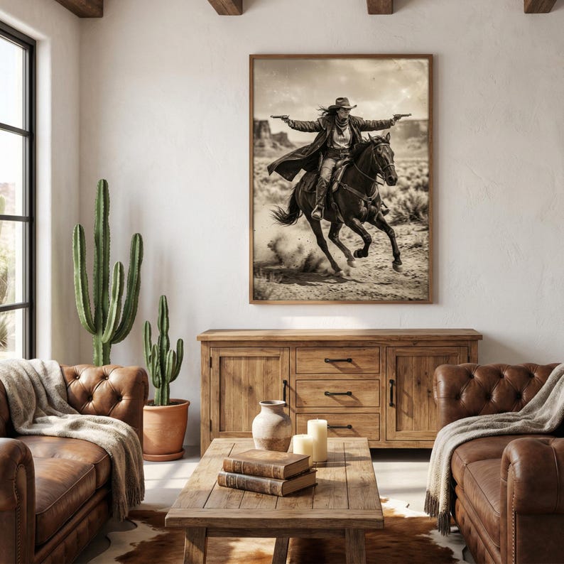 May include: A sepia-toned framed print depicts a cowboy on horseback, guns drawn, in a desert landscape. The room features a wooden cabinet, coffee table, and leather furniture, creating a rustic, Western-inspired interior design.
