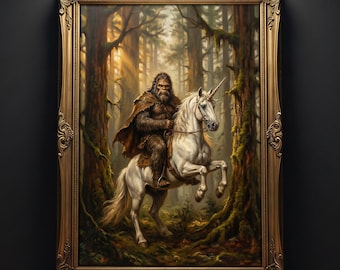 Funny Bigfoot Riding Unicorn Wall Art, Vintage Sasquatch Fantasy Poster, Bigfoot Oil Painting Print, Gift for Sasquatch Lover