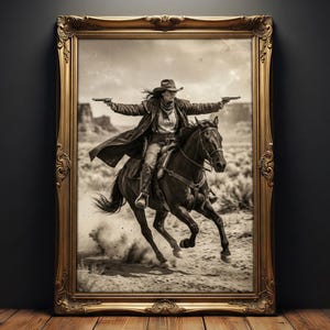 May include: A framed black and white print of a cowgirl riding a horse through a desert landscape, holding two guns. The print is in an ornate gold frame, leaning against a dark wall and wooden floor.