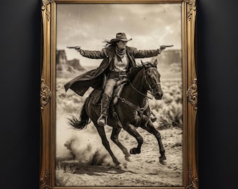 Vintage Cowgirl Wall Art, Western Cowgirl Riding Horse Poster, Wild West Woman Print, Rustic Ranch Decor, Western Cowgirl Gift