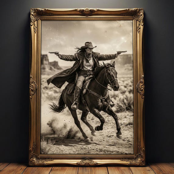 Vintage Cowgirl Wall Art, Western Cowgirl Riding Horse Poster, Wild West Woman Print, Rustic Ranch Decor, Western Cowgirl Gift