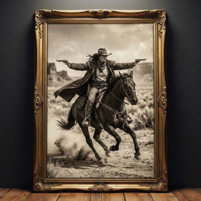 May include: A framed black and white print of a cowgirl riding a horse through a desert landscape, holding two guns. The print is in an ornate gold frame, leaning against a dark wall and wooden floor.