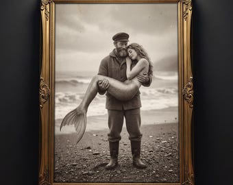 Vintage Mermaid Wall Art Couples Print Funny Bathroom Wall Decor Nautical Fantasy Decor Romantic Mermaid Poster for Mermaidcore Room