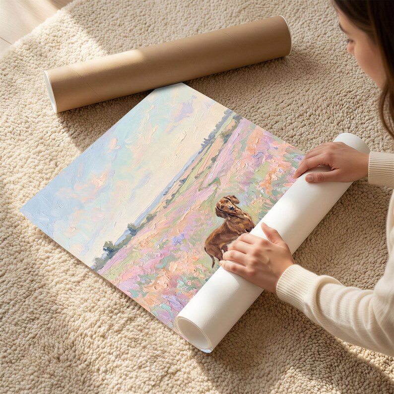 May include: A rolled-up art print featuring a dog in a field of flowers. The print is being unrolled, revealing a colorful landscape with pastel hues. A brown cardboard tube rests nearby.