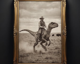 Vintage Dinosaur Cowboy Wall Art, Western Raptor Rider Print, Rustic Old West Decor, Unique Man Cave Poster, Cowboy Gift