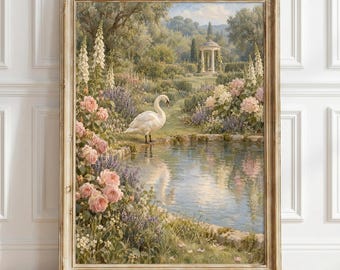 White Swan Garden Wall Art Print, Romantic Pastel Floral Poster, Cottagecore Decor, Swan Lover Gift, French Country Nature Wall Decor